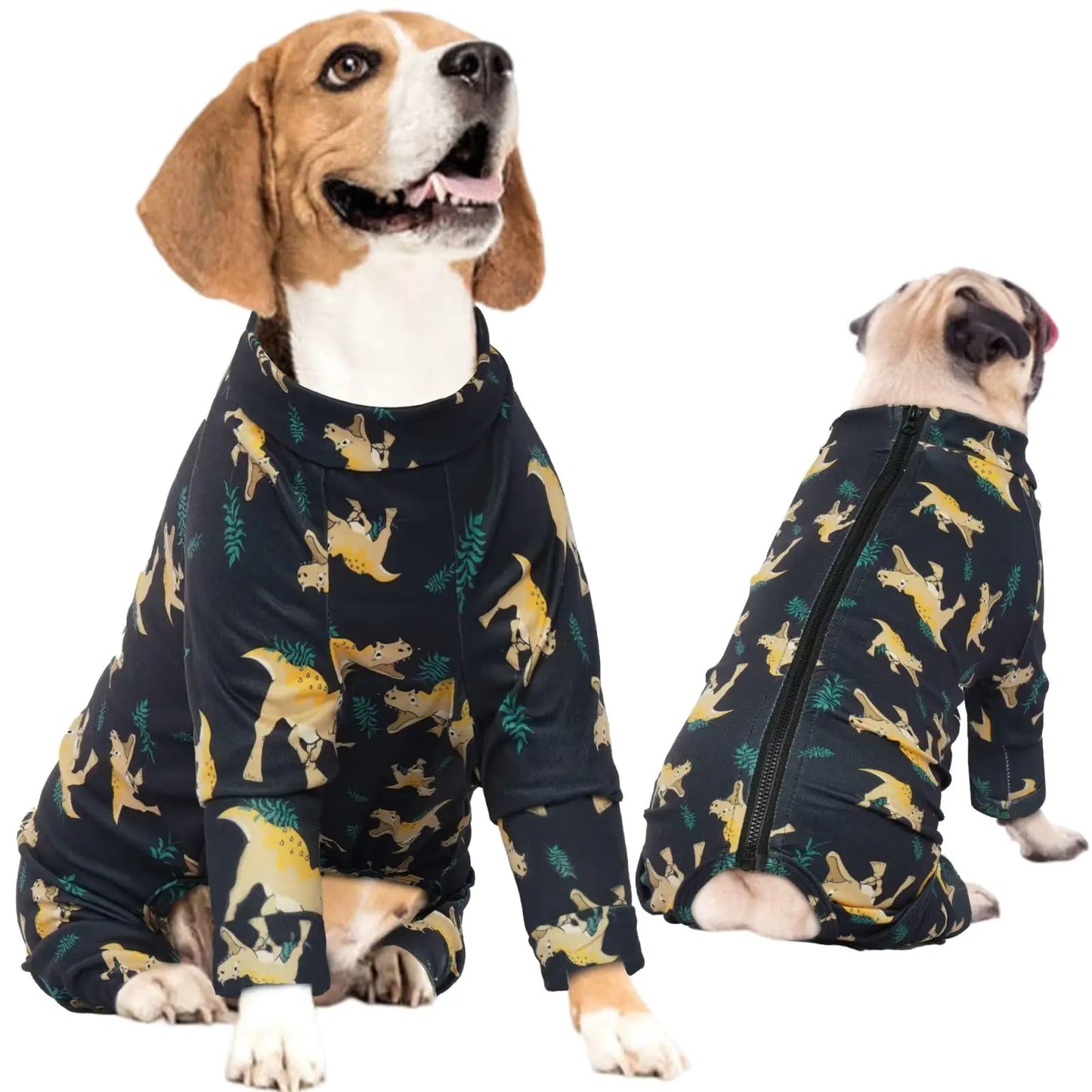 Dog wearing a black pajama set with yellow dog pattern on a white background
