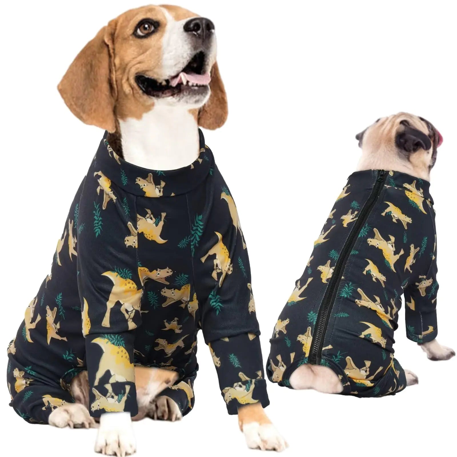 Dog wearing a black pajama set with yellow dog pattern on a white background