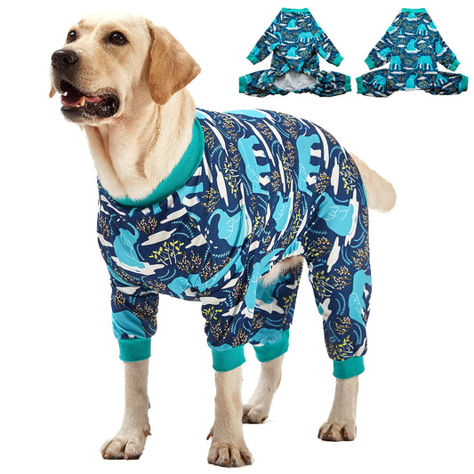 Dog wearing a blue and green patterned onesie with inset images of the onesie.