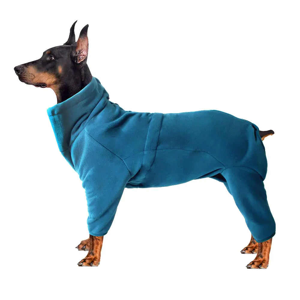Dog wearing a blue fleece onesie on a white background