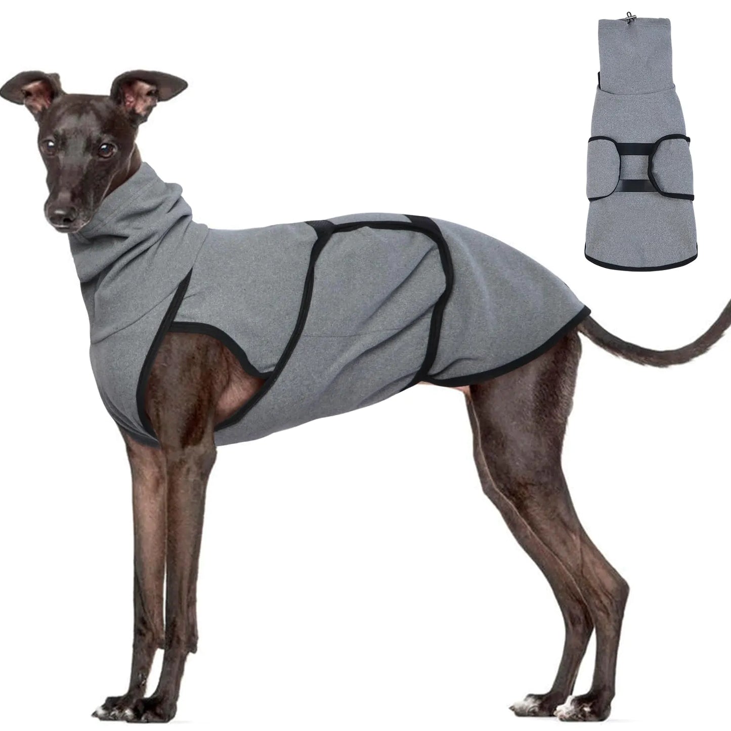 Dog wearing a gray calming anxiety jacket coat with a matching bag on a white background