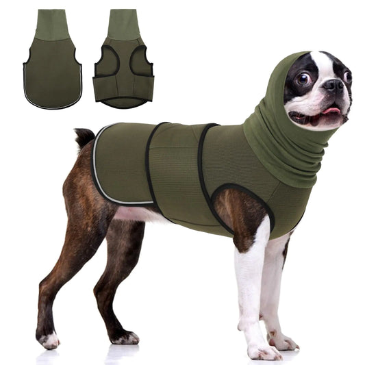 Dog wearing a green anxiety jacket with a hood on a white background