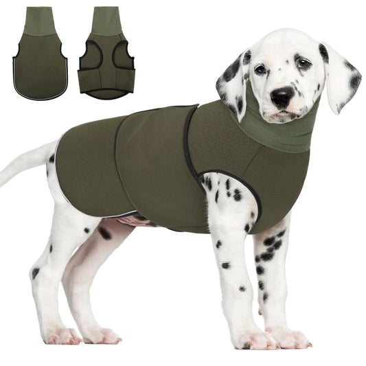 Dog wearing a green anxiety jacket with two additional views of the  jacket displayed above on a white background