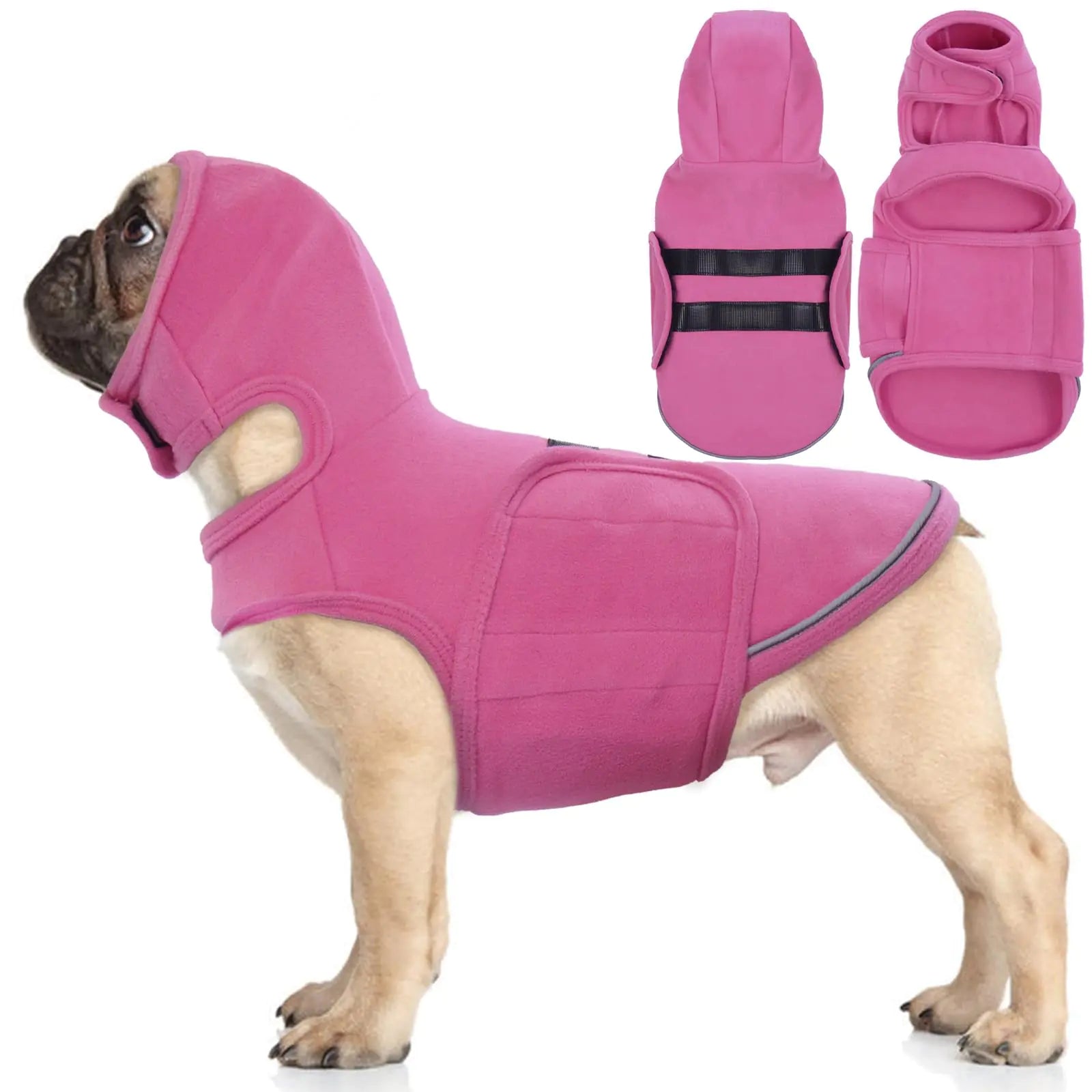 Dog wearing a pink anxiety jacket with 2 different views on a white background
