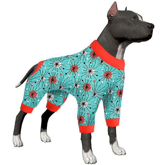 Dog wearing a turquoise pajama with red accents on a white background