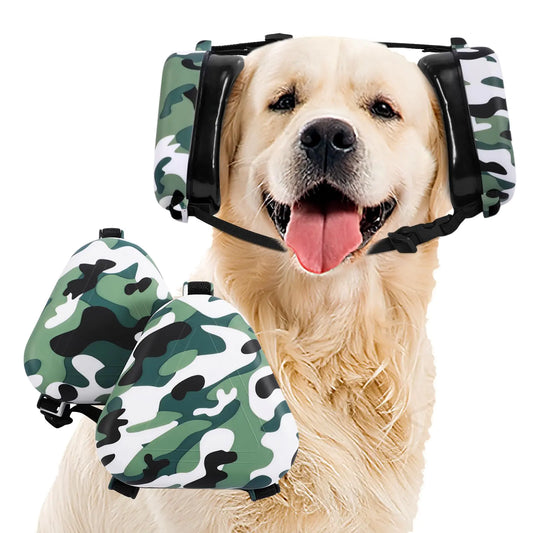 Dog wearing camouflage ear muffs with noise reduction