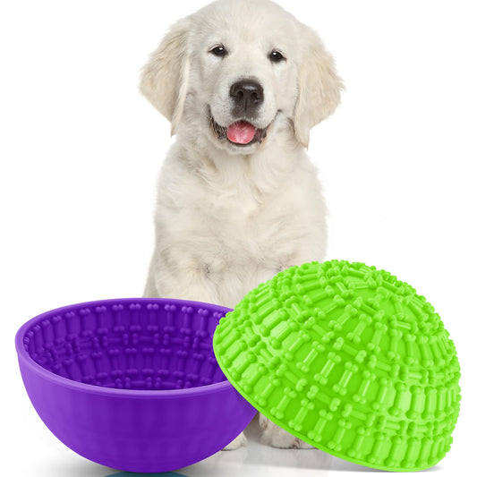 Dog with a purple bowl and green ball on a white background