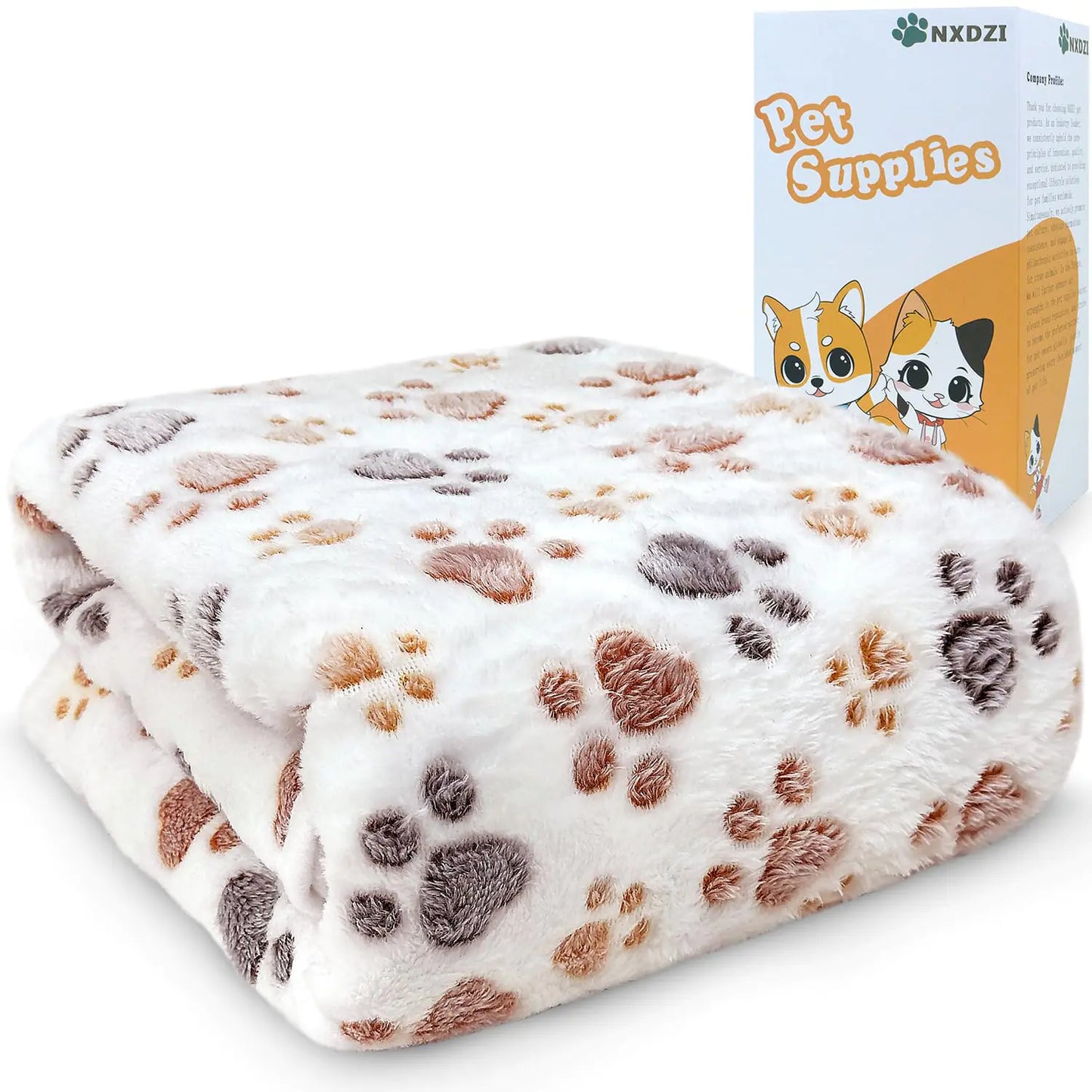 Fluffy pet blanket with paw pattern and NXDZI pet supplies box in the background