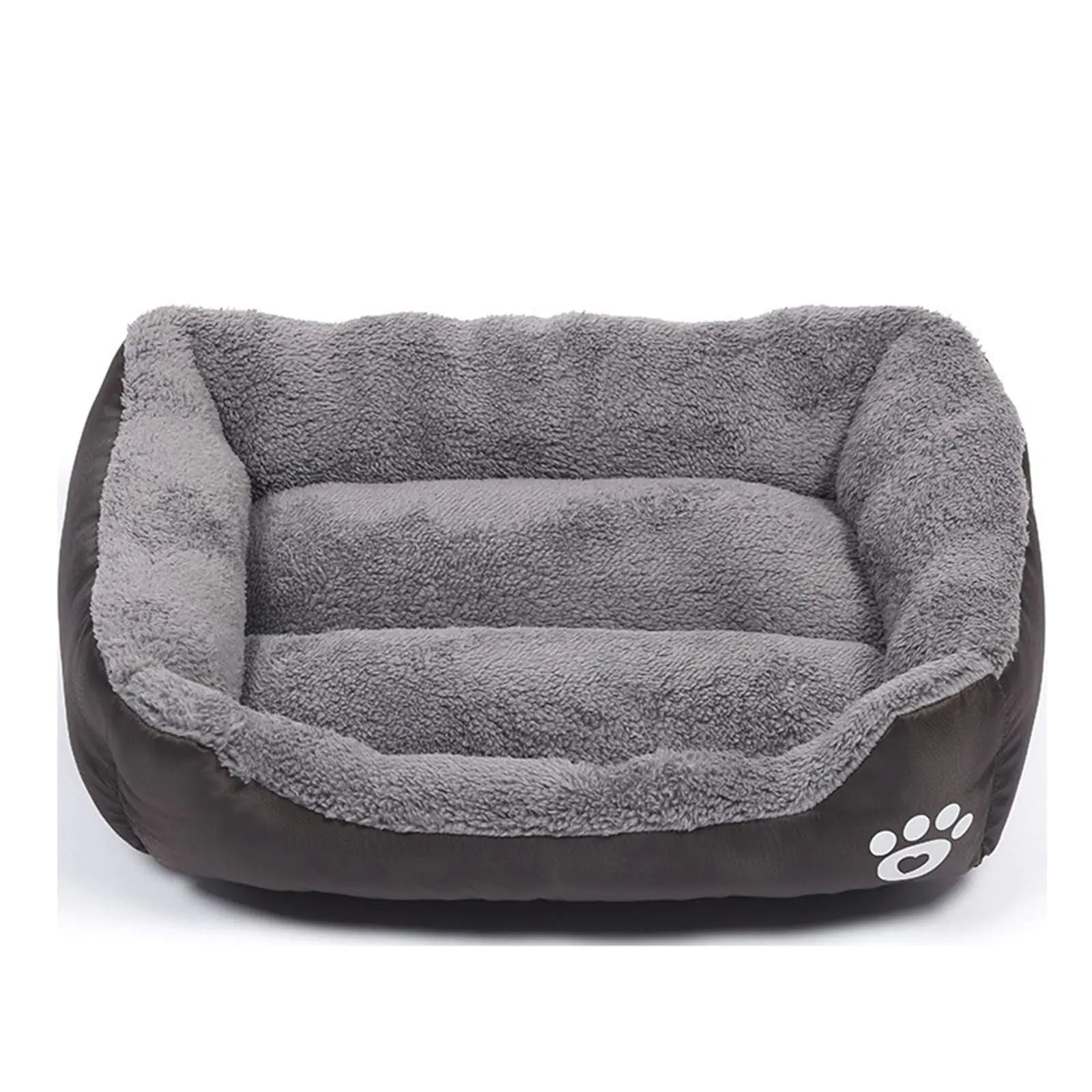 Gray pet bed with a paw print logo on a white background