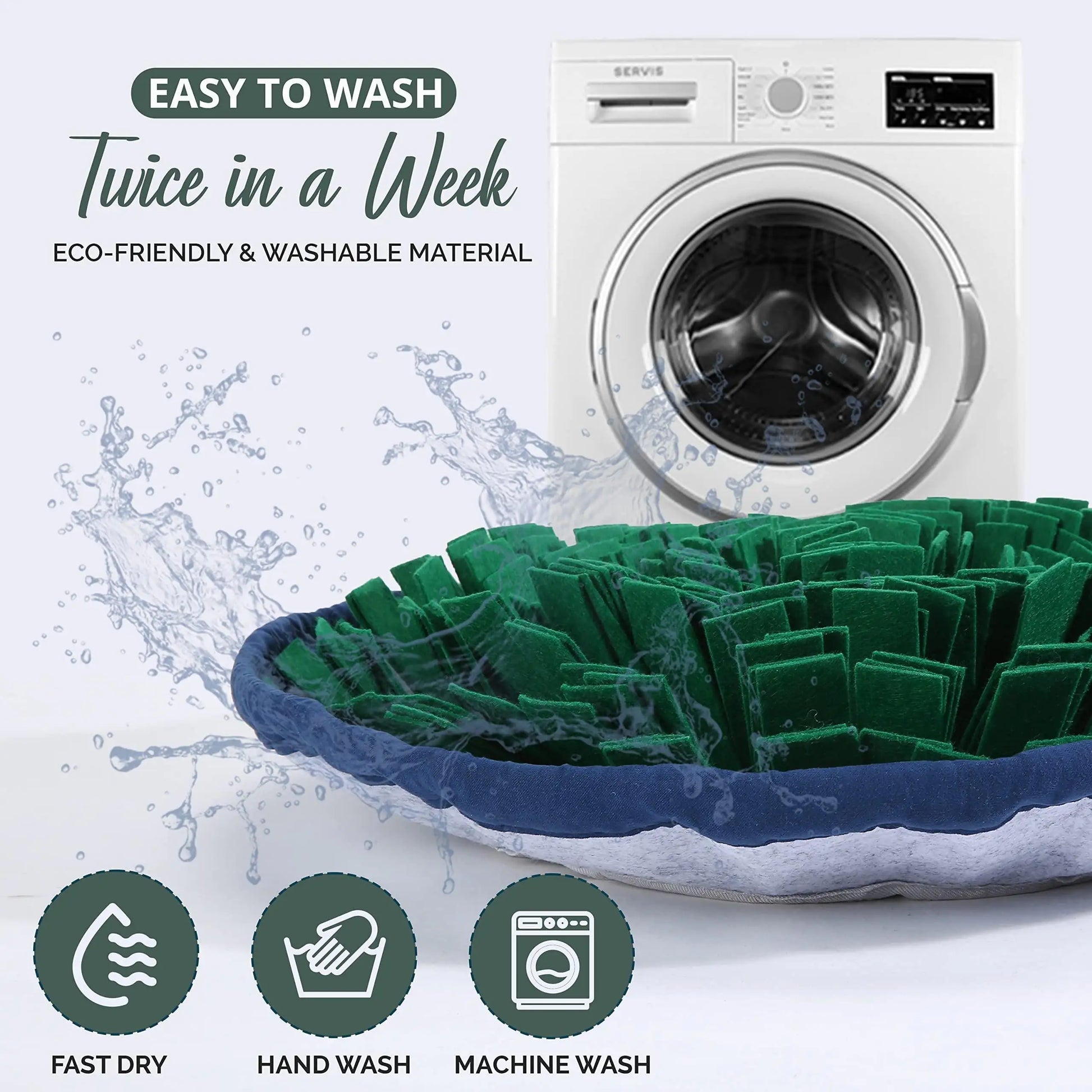 Green and blue mat with washing machine and text about washing frequency and material properties.