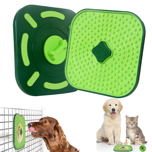 Green pet puzzle toy with a dog interacting with it on a white background