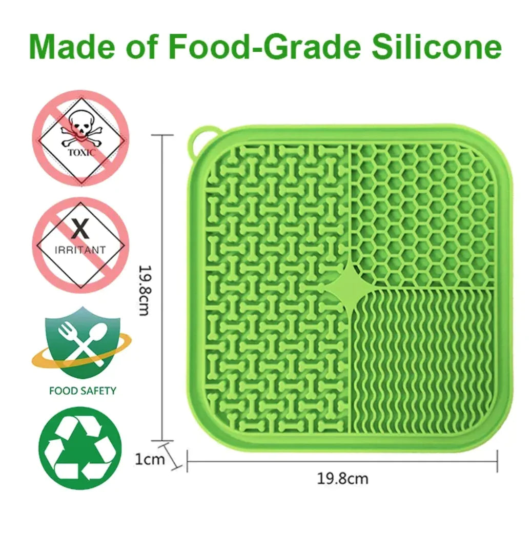 Green silicone mat with measurements and safety icons on a white background