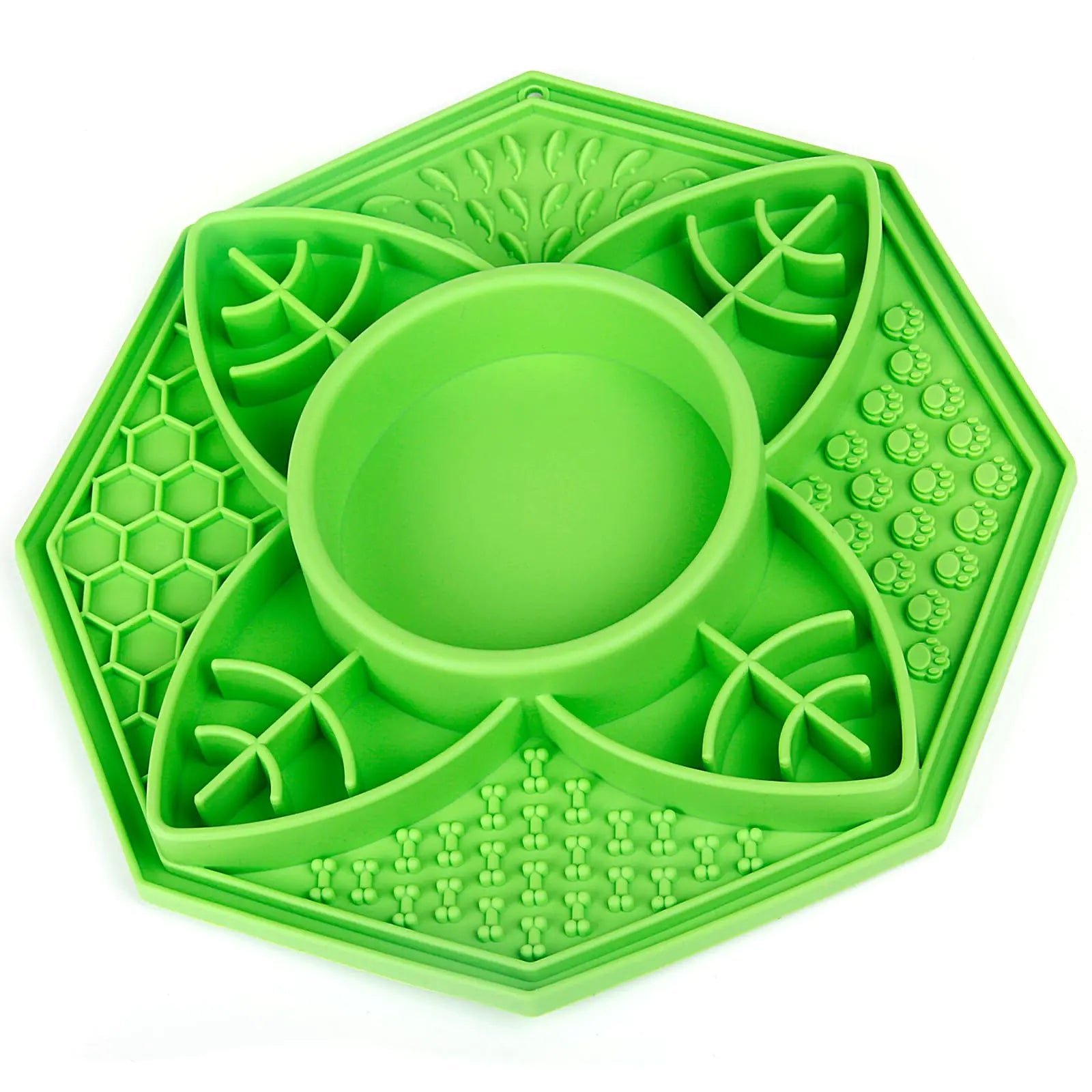 Green silicone slow-feeder lick mat with a central bowl on a white background