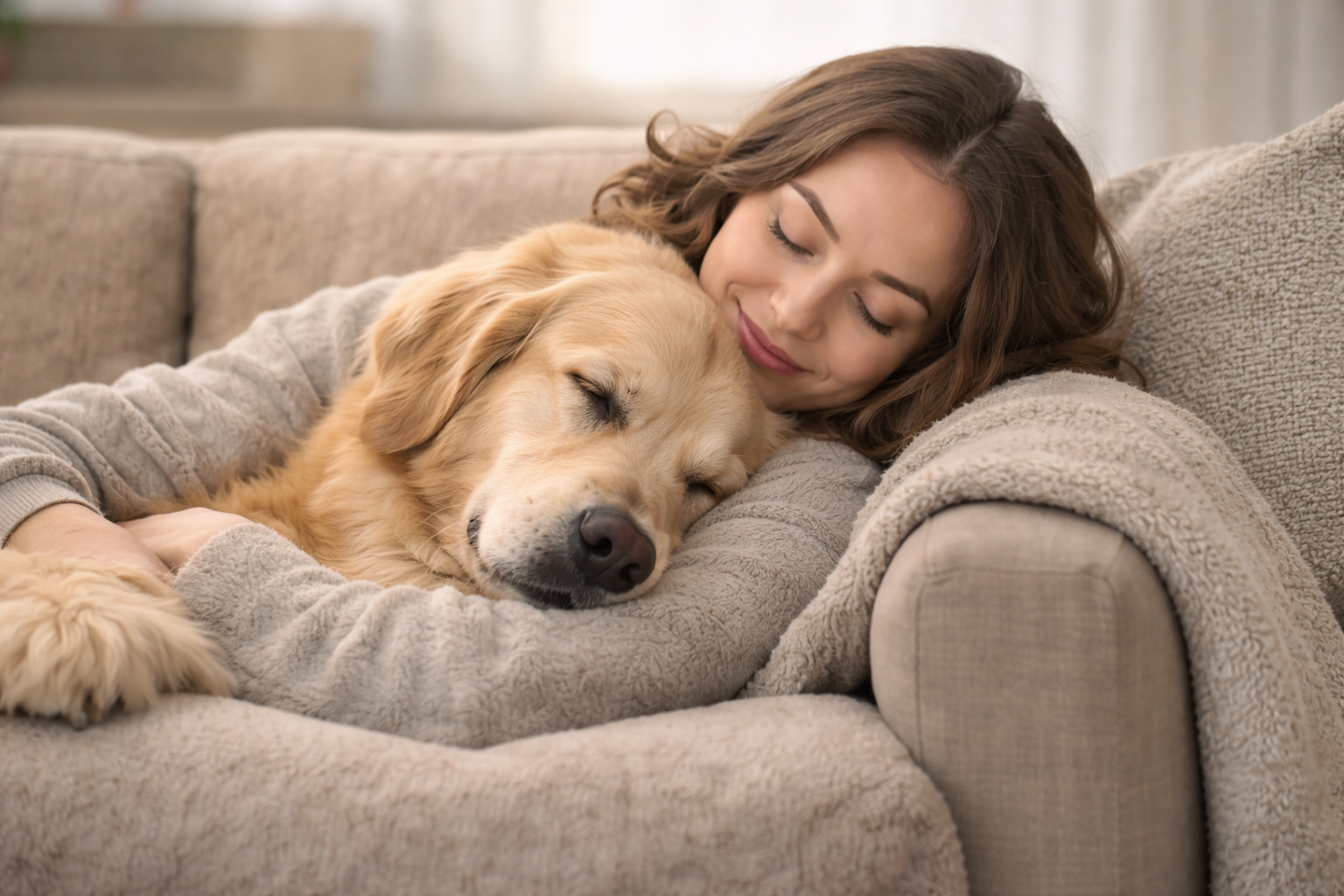 Woman and dog sleeping together on a couch in a cozy living room.