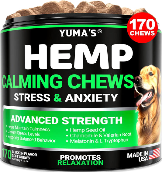 Yuma's Hemp Calming Chews for dogs with a dog on the label, showing benefits and ingredients.