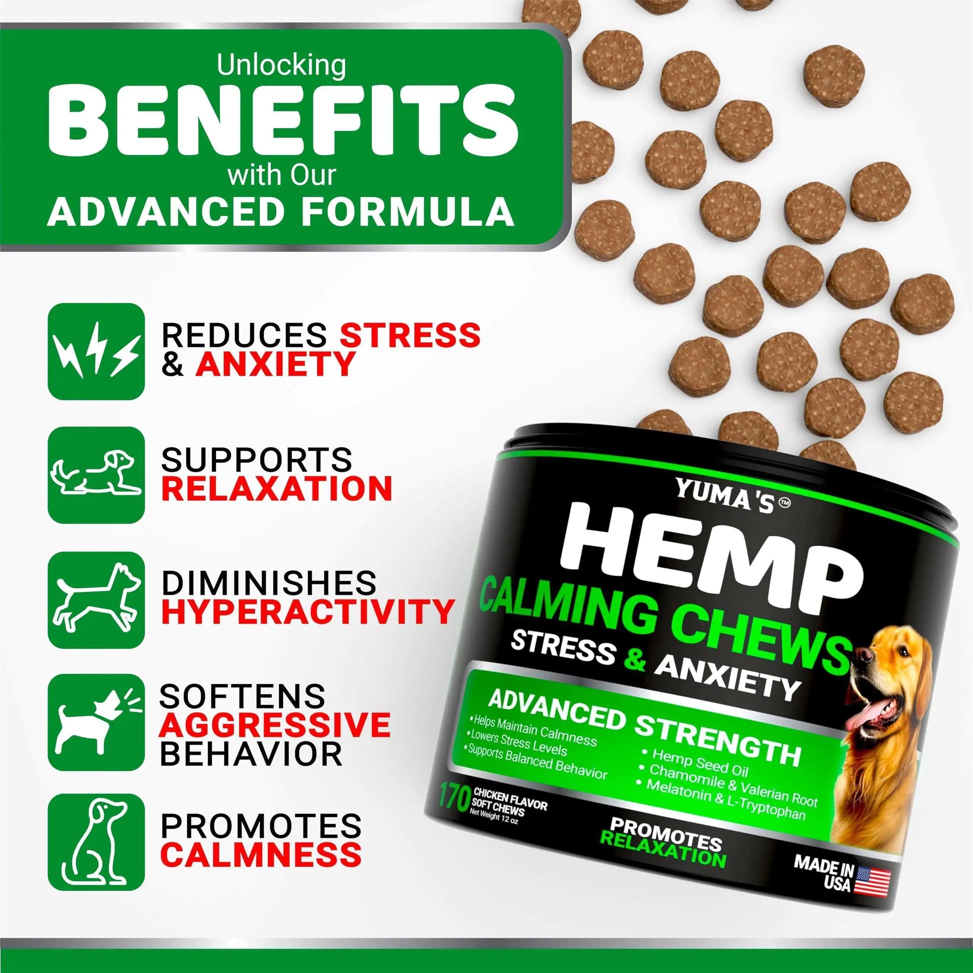 Yuma's Hemp Calming Chews for dogs with product packaging and benefits listed.