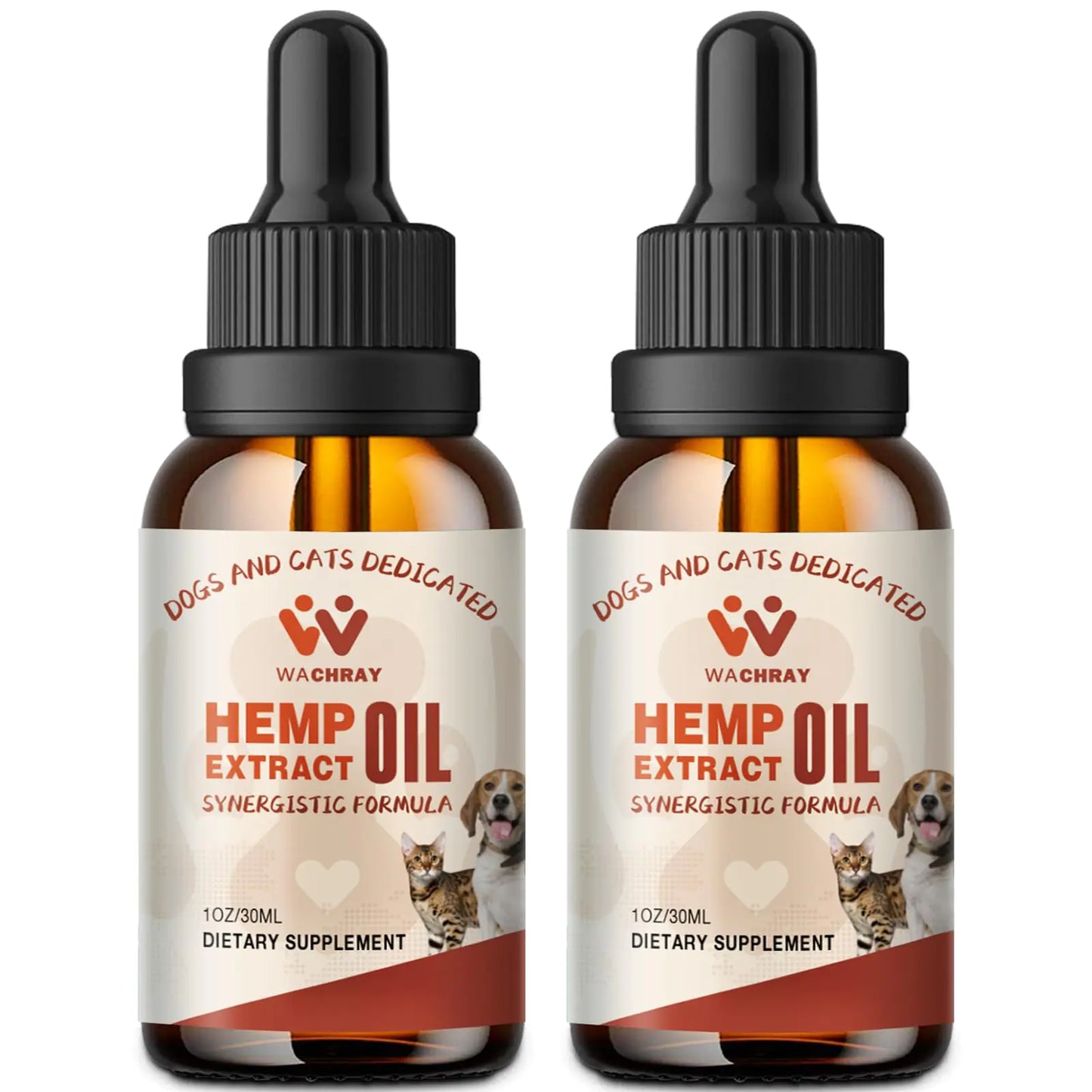 Two bottles of Wachray Hemp Extract Oil for dogs on a white background