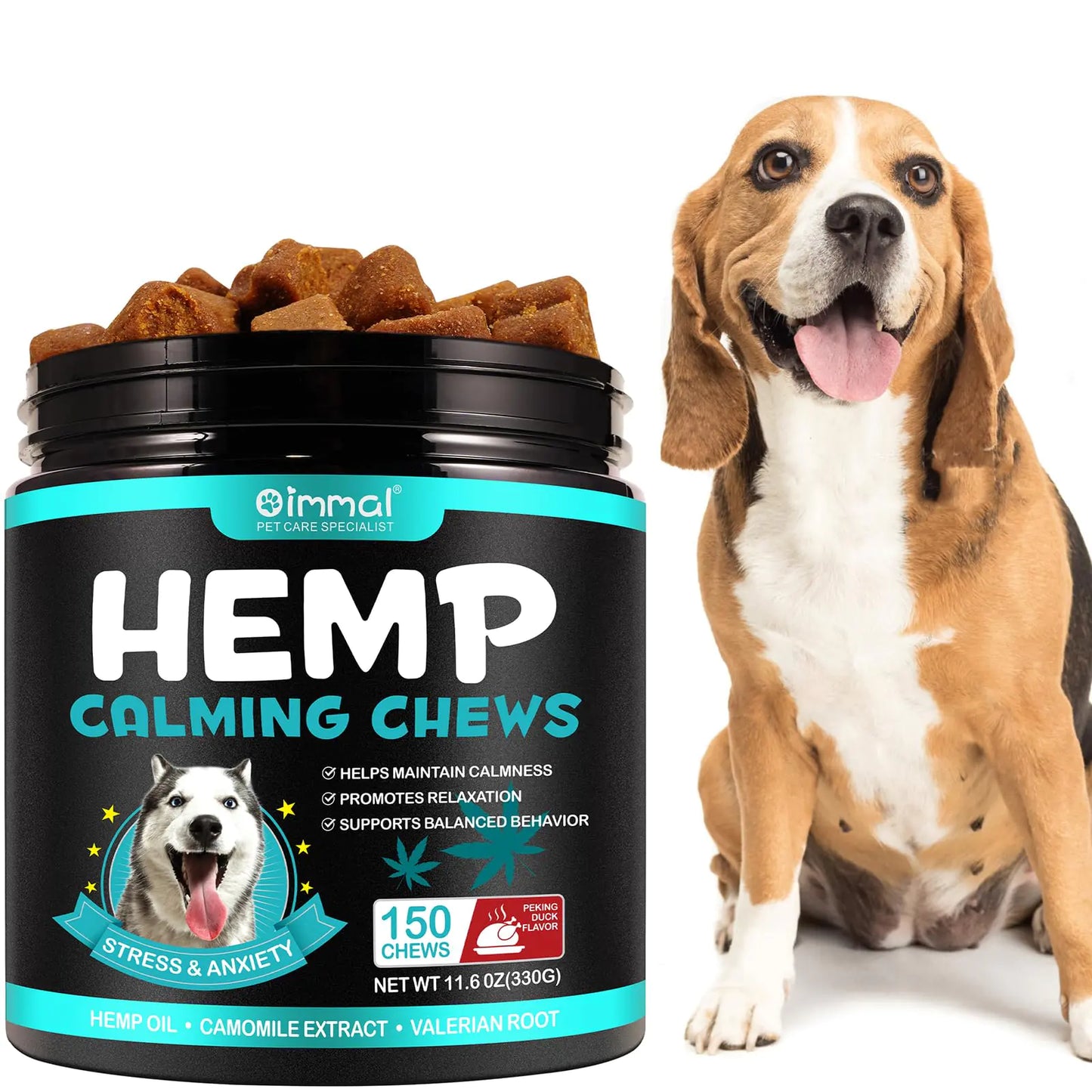 Hemp calming chews for dogs with a dog sitting next to the container on a white background