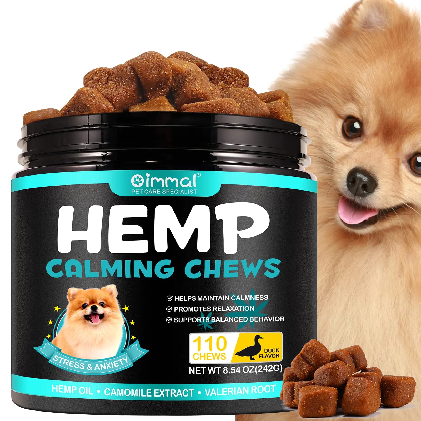 Hemp calming chews for dogs with a dog in the background