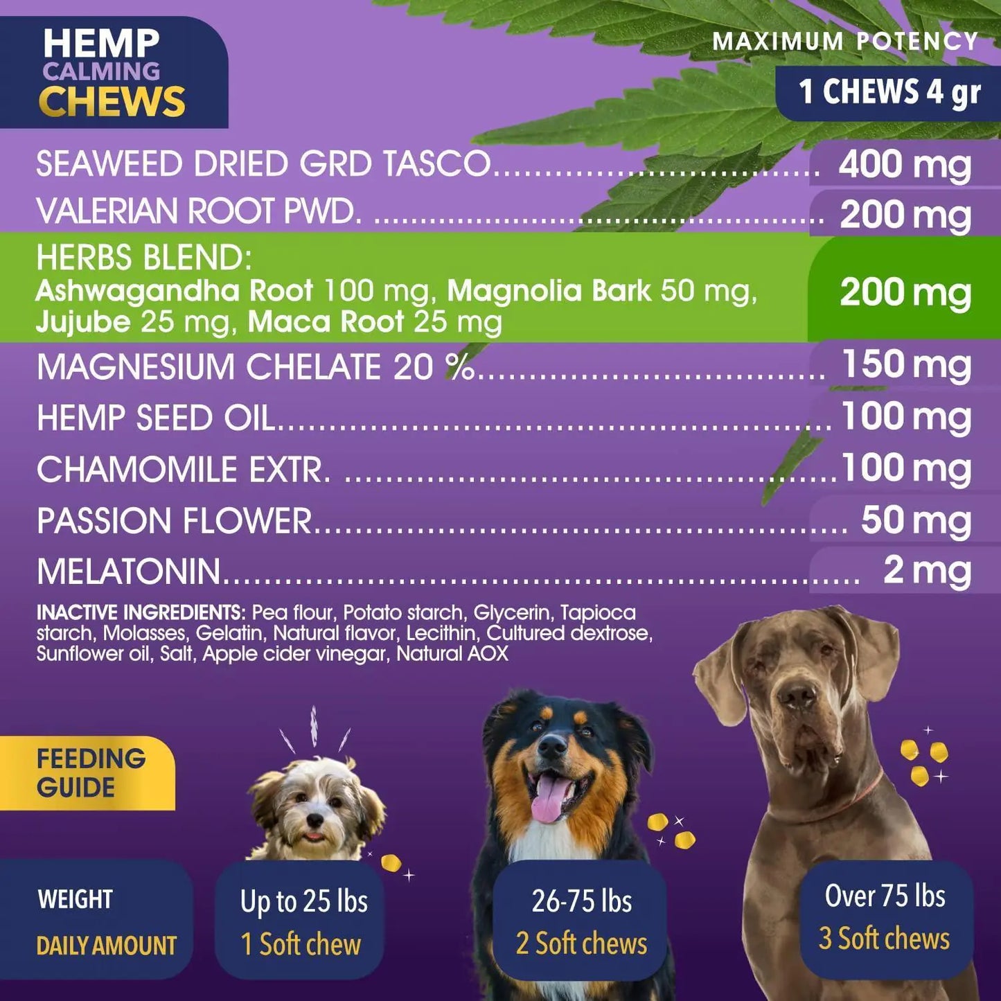 Hemp calming chews product information with ingredients and dosing chart on a purple background