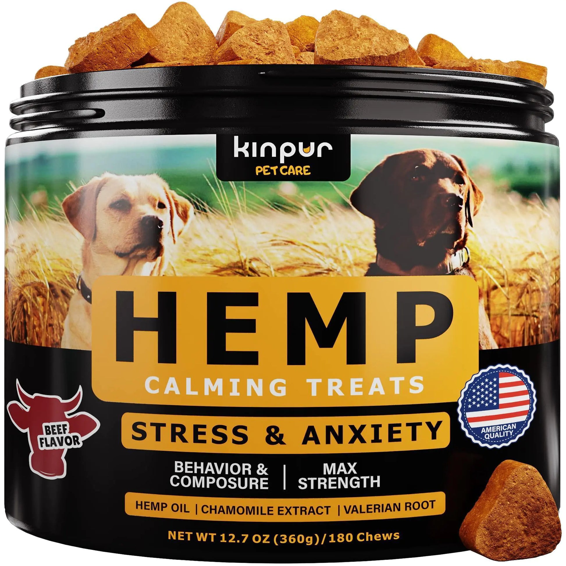 Hemp calming treats for dogs by Kinpur Pet Care with two dogs in a field on the label.