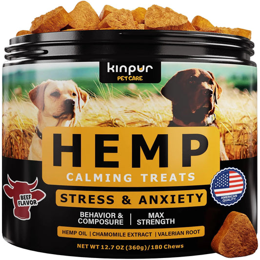 Hemp calming treats for dogs by Kinpur Pet Care with two dogs in a field on the label.
