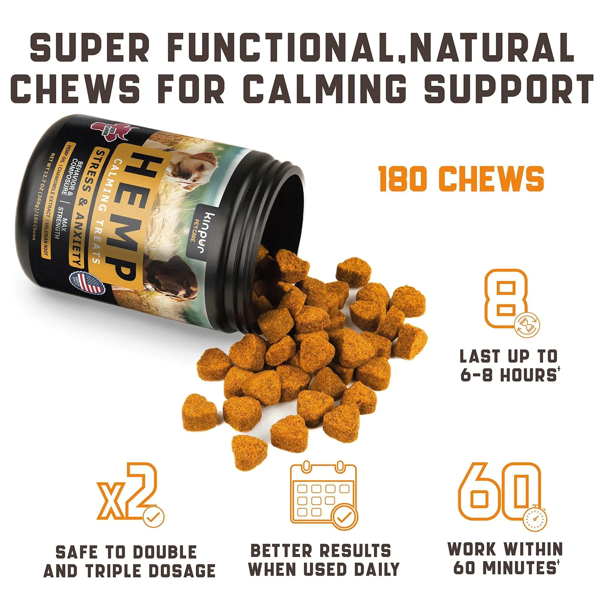 Hemp dog treats for calming support with product packaging and benefits displayed.