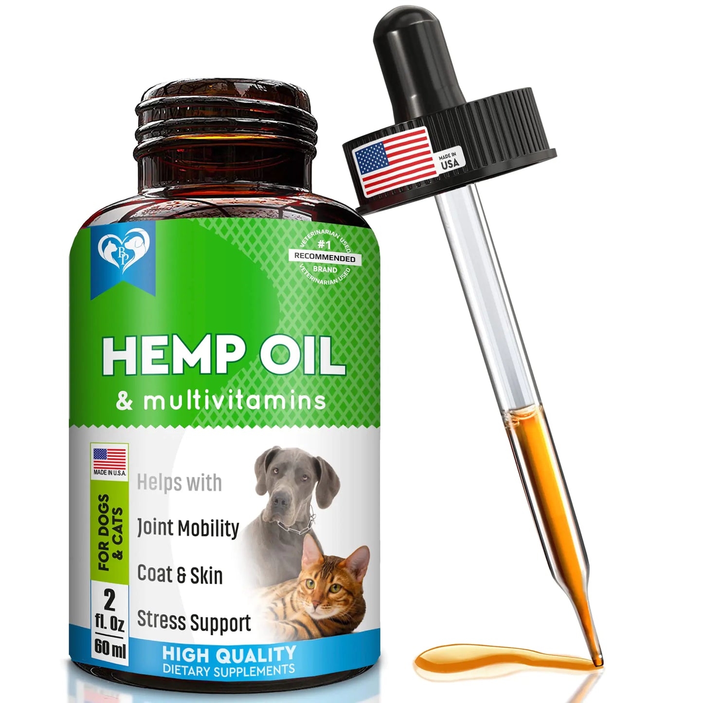 Hemp oil and multivitamins bottle with dropper on a white background