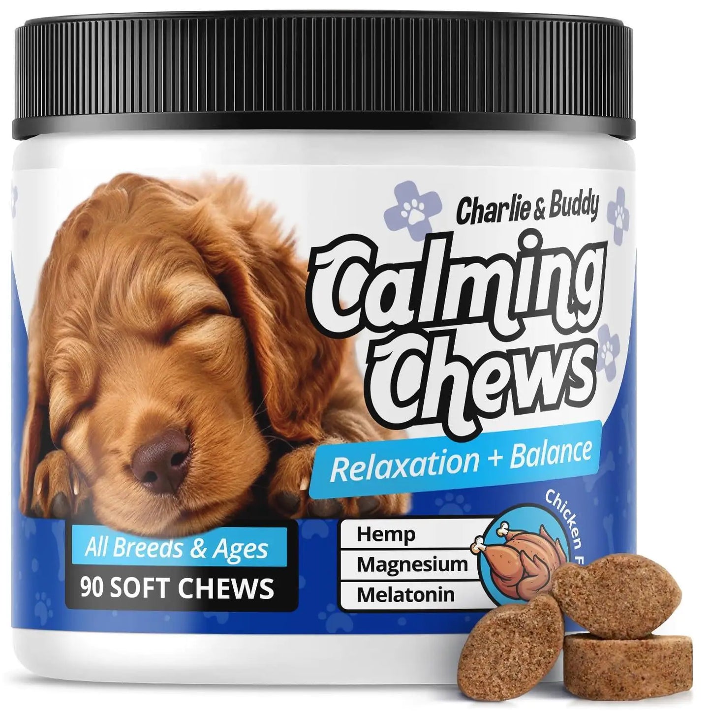 Jar of Charlie & Buddy Calming Chews for dogs with a sleeping puppy on the label.