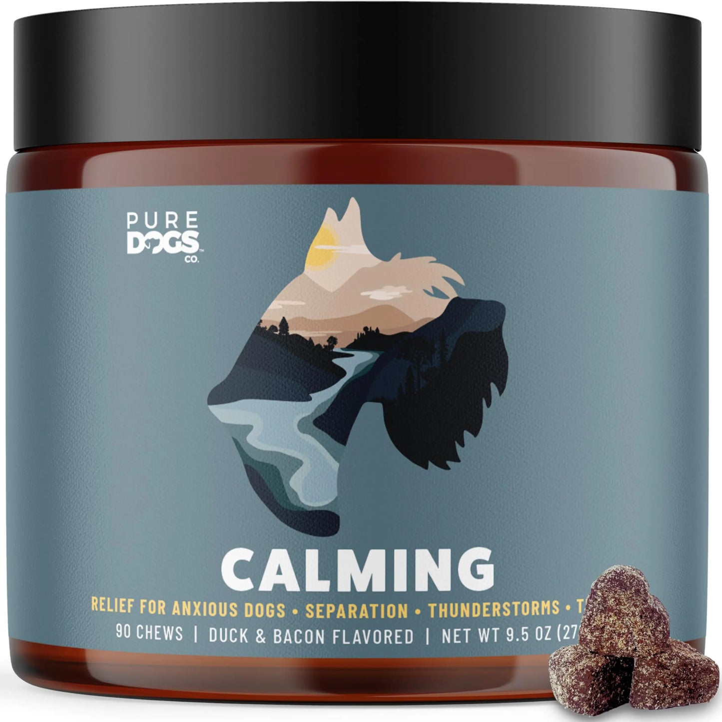 Jar of Pure Dogs calming treats for dogs with a mountain and dog illustration on the label.