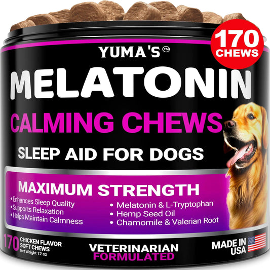 Yuma's Melatonin Calming Chews for dogs with a dog on the label.