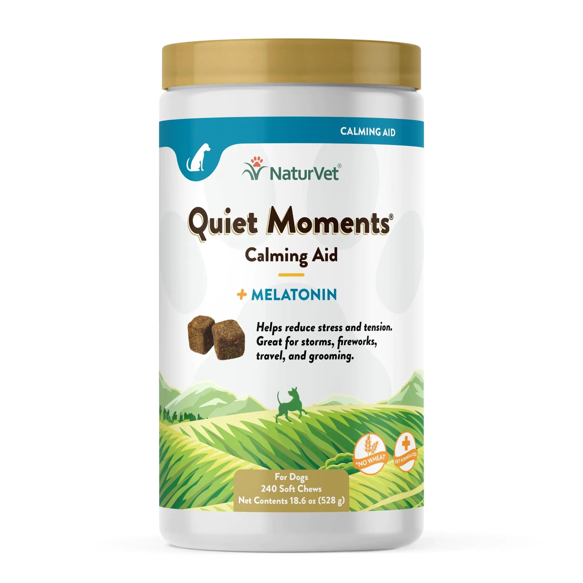 NaturVet Quiet Moments Calming Aid for dogs with Melatonin and a scenic label design on a white background 