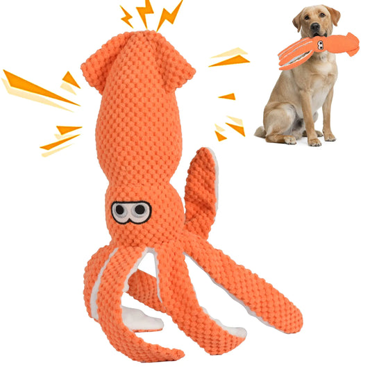 Orange knitted octopus-shaped dog toy with a dog holding it in its mouth on a white background