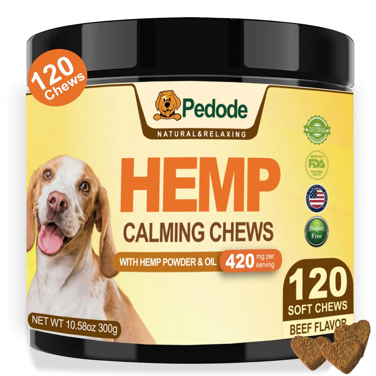 Pedode Hemp Calming Chews for dogs with a dog on the label.