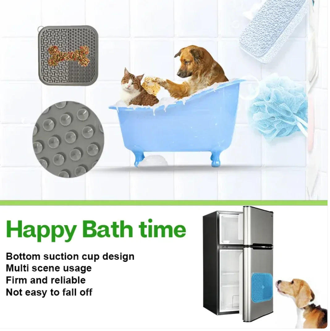 Pet bath mat with suction cup design, shown with pets and refrigerator.