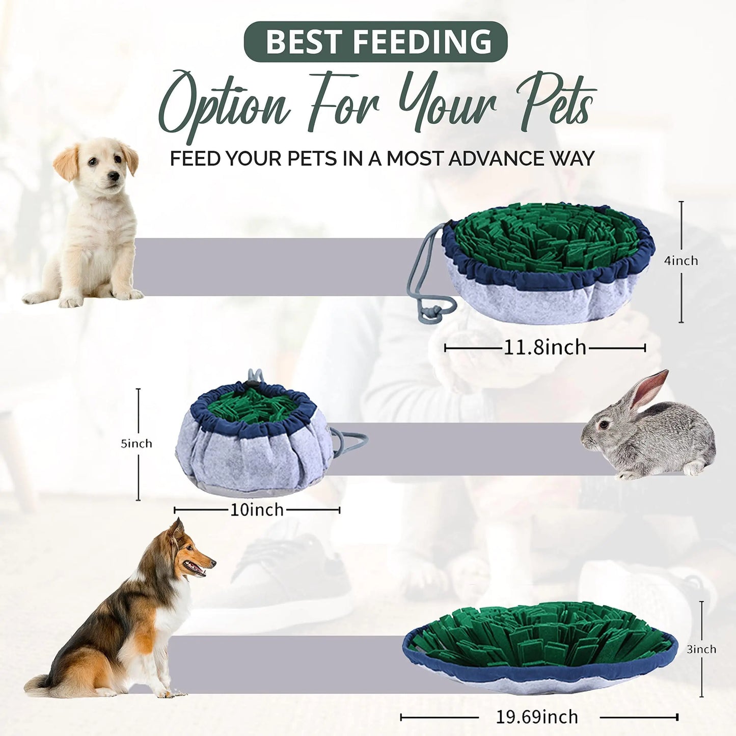 Pet feeding mat with dimensions and text 'Best Feeding Option For Your Pets' on a white background.