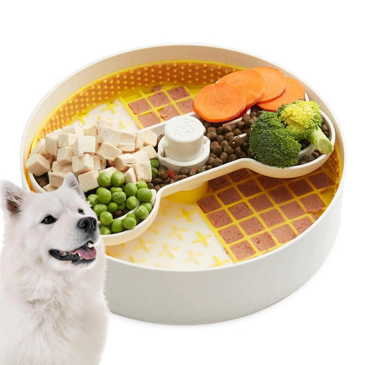 Pet food bowl with various food items and a white dog next to it