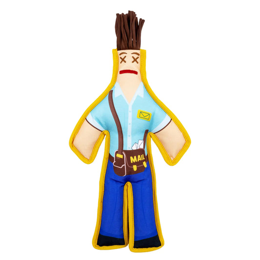 Plush toy figure of a character with a blue shirt, yellow pants, and brown hair on a white background