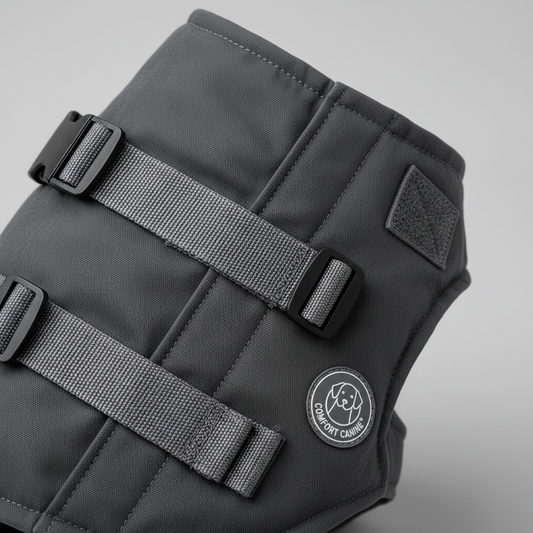 Comforting dog anxiety relief jacket for pets during stress, like storms or travel. Soft, breathable cotton in deep gray.
