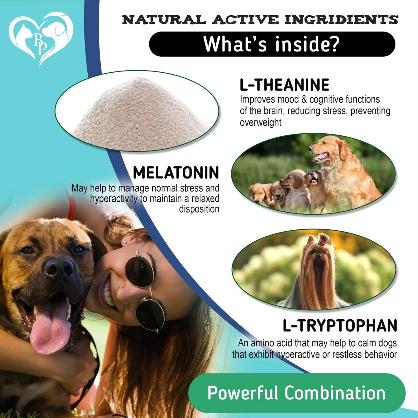 Product advertisement for natural dog supplement with ingredients and benefits listed.