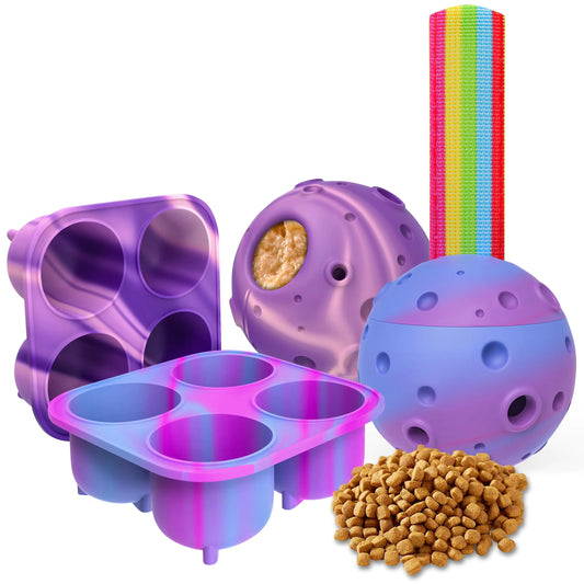 Purple and blue silicone pet toys with a rainbow ribbon and pet food on a white background