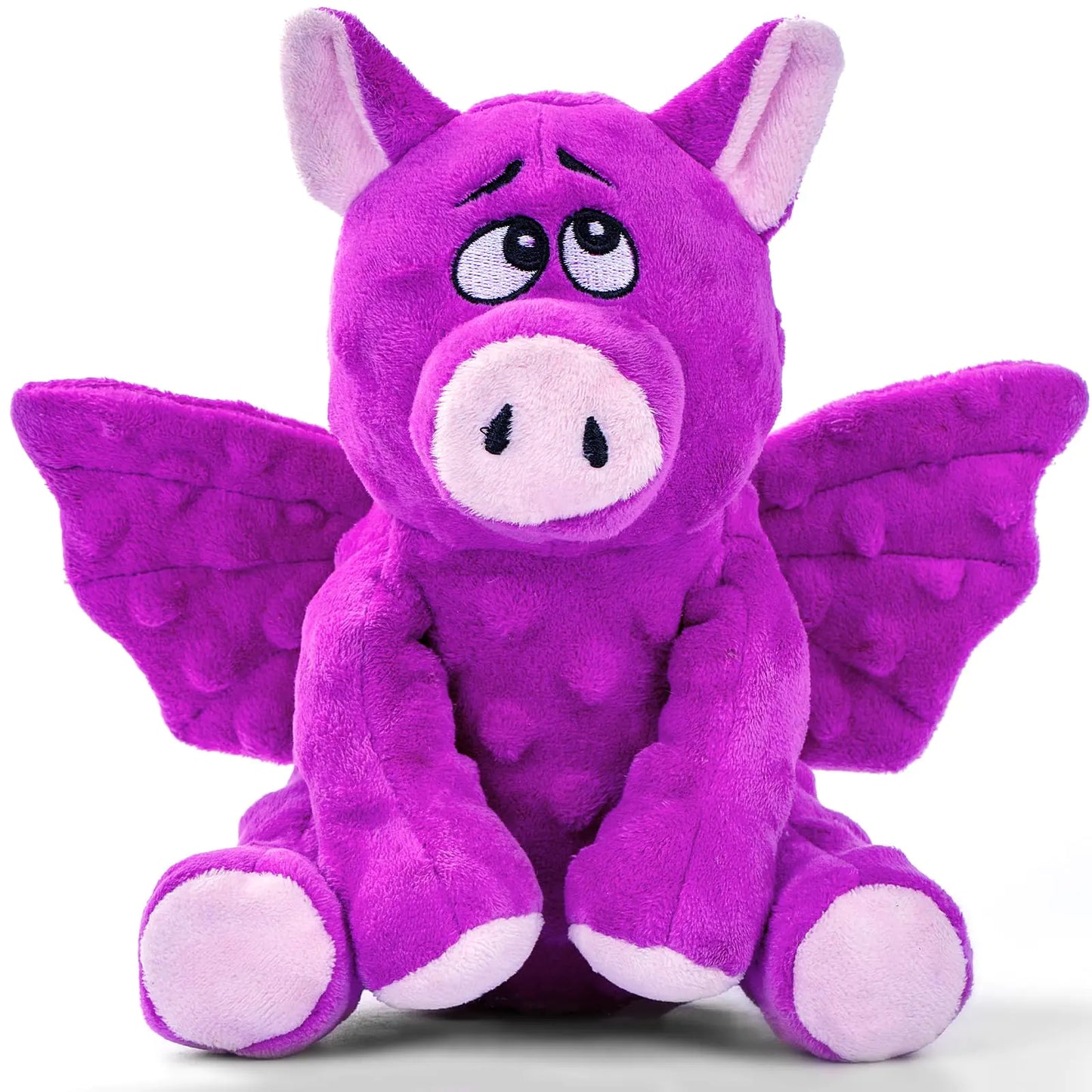 Purple plush dragon toy with a sad expression on a white background