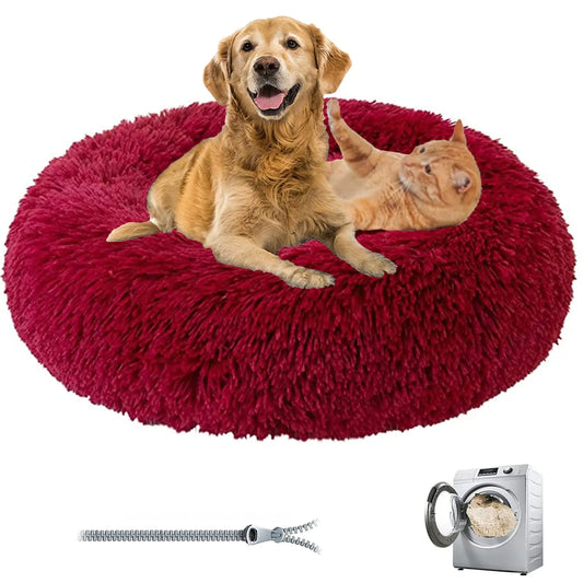 Red fluffy pet bed with a dog and cat on it, accompanied by a washing machine icon and cleaning tool.