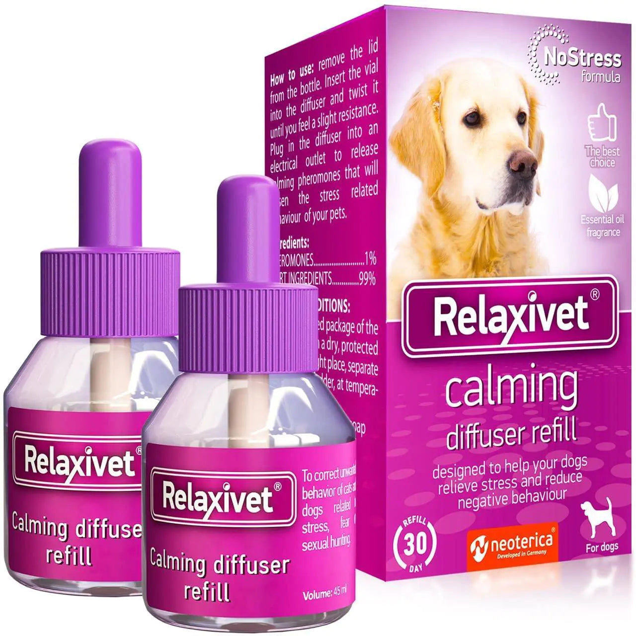 Relaxivet calming diffuser refills and packaging with a dog on a white background