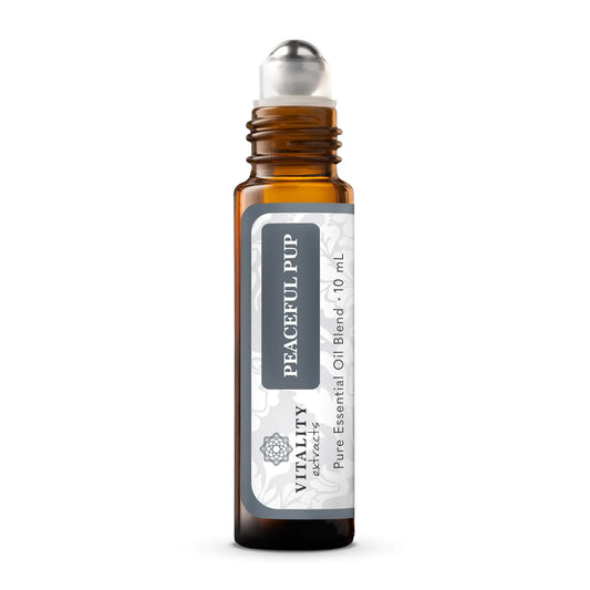 Roll-on bottle of 'Peaceful Pup' essential oil blend by Vitality on a white background