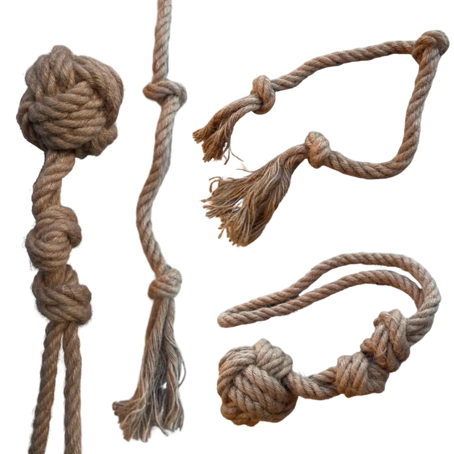 Set of rope toys with knots on a white background