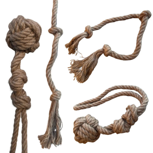 Set of rope toys with knots on a white background