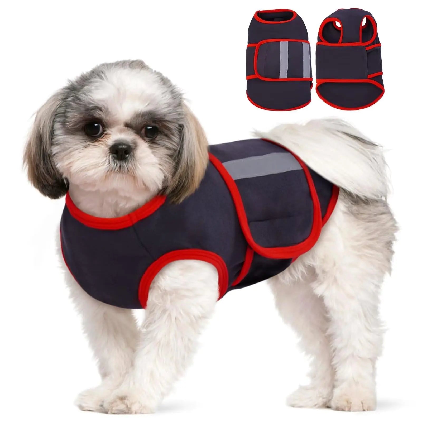 Small dog wearing a navy blue and red dog anxiety  vest with two additional views of the vest displayed above.