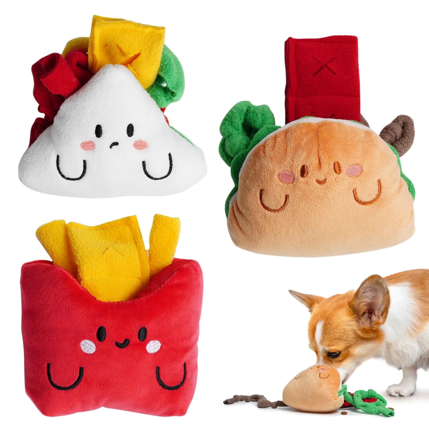 Three plush toys shaped like a sandwich, French fries, and a hot dog with a dog playing with one of them.