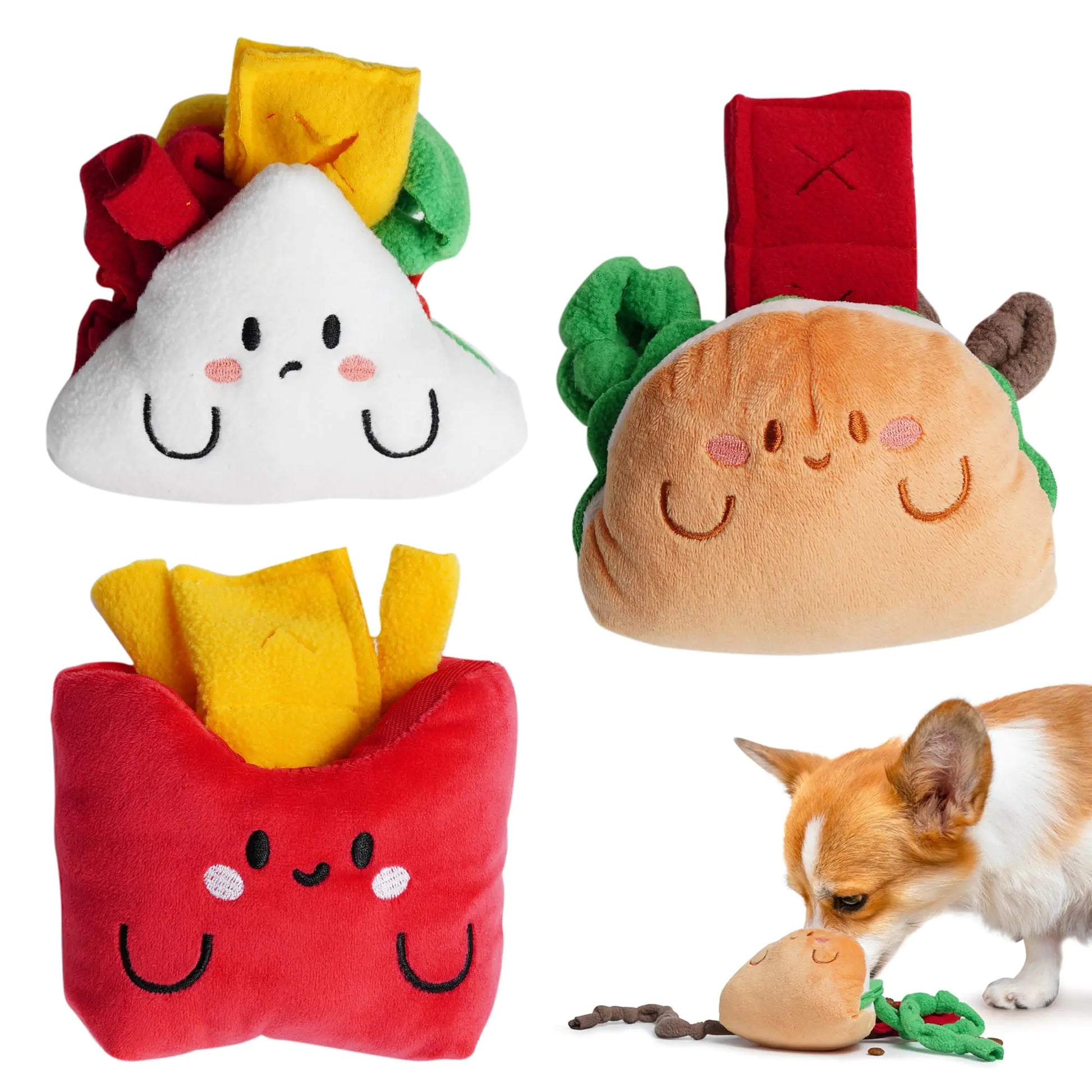 Three plush toys shaped like a sandwich, French fries, and a hot dog with a dog playing with one of them.